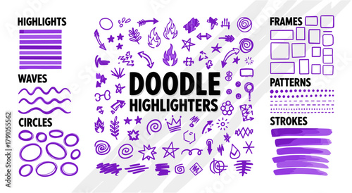 A vibrant assortment of doodle highlighters, featuring highlights, waves, circles, frames, patterns, and strokes