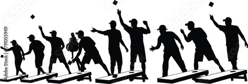 Cornhole players silhouettes throwing bean bags, outdoor leisure sport activity vector illustration, competitive toss game concept, isolated on white background design
