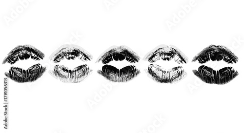 Five black lipstick kiss prints in a row symbol of love, beauty, and romance perfect for valentines day or any romantic occasion