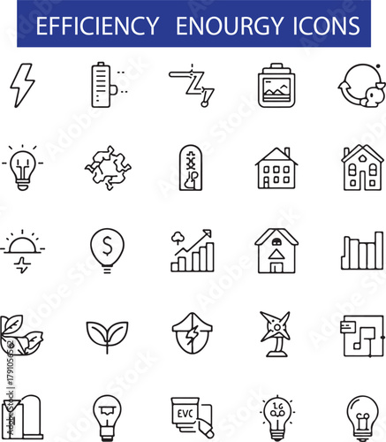 Energy efficiency web icons in line style. Green enegry, power plant, planet care, protection, solar energy. 
