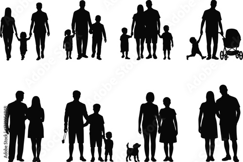 Family silhouette vector illustration showing parents children and baby stroller in various poses, black white minimal flat CAD drawing style