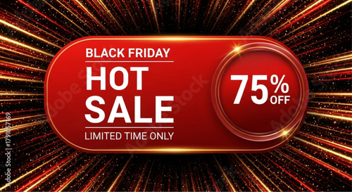 Black Friday sale banner, an eye-catching design features a vibrant red banner. With elegant font, the banner boldly advertises HOT SALE with a significant 75% OFF discount. vector illustration