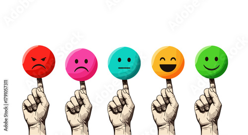 A hand holds up a red angry face, pink sad face, blue neutral face, orange happy face, and green smiling face