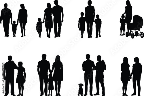 Family silhouette vector illustration showing parents children and baby stroller in walking poses, black white modern minimal flat CAD drawing style