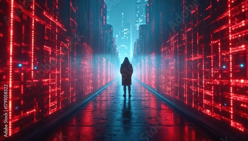 Fototapeta Naklejka Na Ścianę i Meble -  Lone person in hood walks through digital city tunnel with glowing red computer code on walls. Futuristic abstract tech background with bright lights, reflections on wet floor. Data streams,
