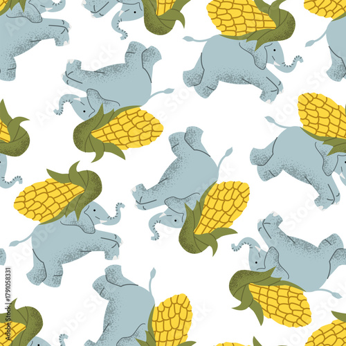 Pattern with elephant carries corn on his back. Healthy lifestyle and food concept. For posters, books, educational materials and children's designs.