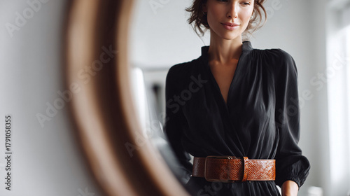 Elegant woman looks at her reflection in a round mirror, wearing a stylish black dress with a brown belt. Great for fashion, beauty, and lifestyle concepts.