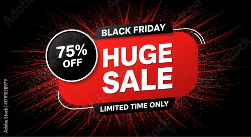 Captivating promotional graphic advertises a Black Friday sale. The dynamic composition and vibrant colors effectively draw attention to the substantial discounts.  vector illustration
