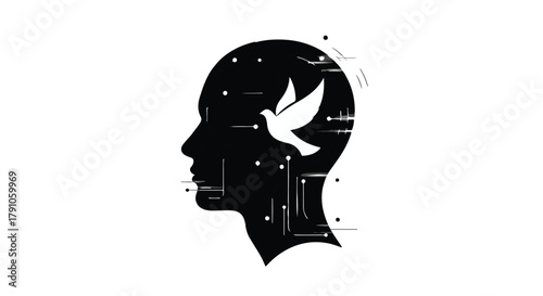 Symbolic silhouette of a human head with a bird taking flight, representing freedom of thought and imagination.
