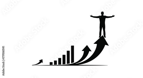 Silhouette of a person standing triumphantly on a rising graph, symbolizing achievement and growth.