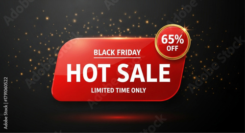 A captivating image advertising a Hot Sale for Black Friday with a prominent 65% discount, presented on a sleek, dark background, promoting limited-time offers. vector illustration