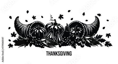 Abundant harvest of pumpkins and gourds in cornucopias for a bountiful Thanksgiving celebration