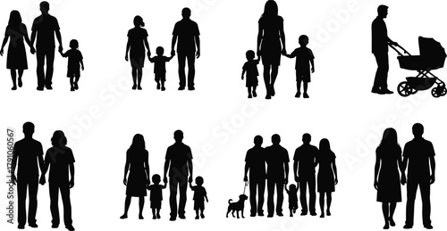 Family silhouette vector illustration showing parents and children in different poses, black white design, modern minimal flat CAD drawing style