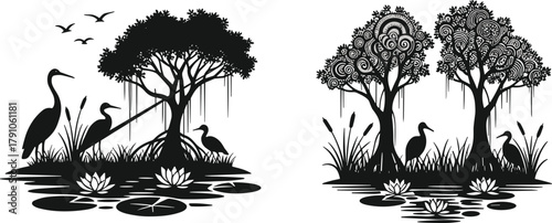 Wetland wildlife silhouette with herons, lotus flowers, mangrove trees and water reflection, decorative nature landscape illustration