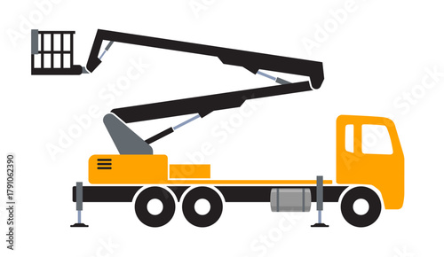 simple yellow cherry picker boom lift truck construction vehicle symbol side view icon vector isolated on transparent background