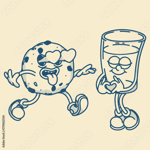 Happy retro mascot cookie and glass of milk character, smiling, heart gesture. Menu, homemade bakery symbol