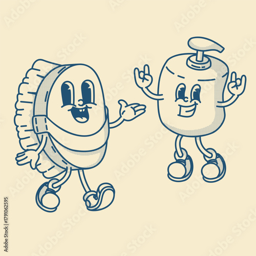 Charming brush and liquid soap bottle mascots. Vintage eco-friendly duo for spa or home cleaning packaging