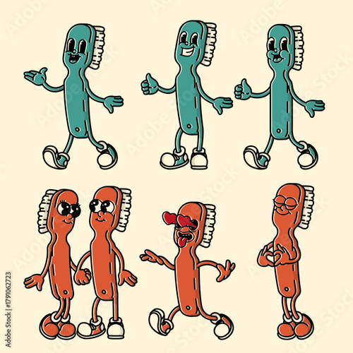 Groovy 70s-80s toothbrush mascot in vibrant colors. Handdrawn retro design for dental clinics and eco oral care brands