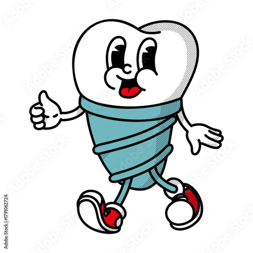 Retro implant mascot giving thumbs up! Vintage handdrawn design showing successful dental restoration for clinic posters