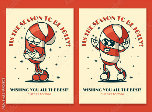 Vintage Christmas card with jolly candy cane mascot tis the season greeting with snowflakes and peppermint stripes