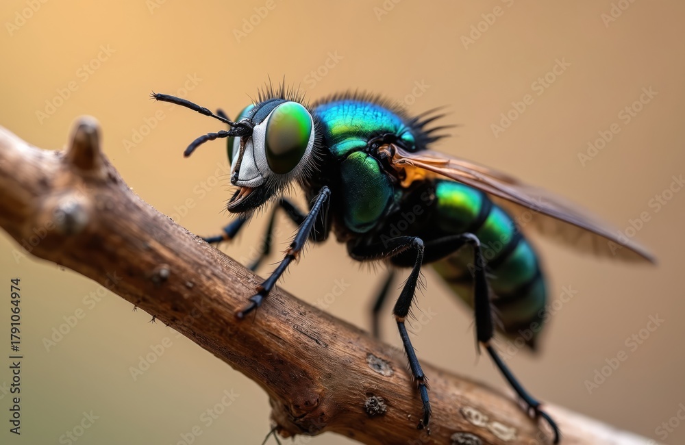 Naklejka premium Macro photo of a black soldier fly on a wooden branch. The insect has iridescent green and blue body with large eyes. Close-up nature study with insect details.