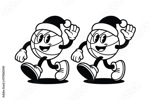 Two cartoon basketballs wearing Santa hats are walking and waving cheerfully.