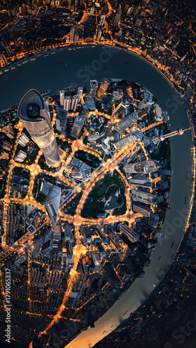 Aerial View of Shanghai Skyline at Dusk with Huangpu River Bend