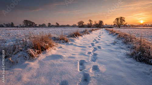 Wallpaper Mural Christmas snowy field footprints at sunrise  Torontodigital.ca