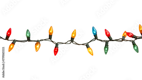Decorative garland string of colorful Christmas lights arranged horizontally, isolated on transparent background
