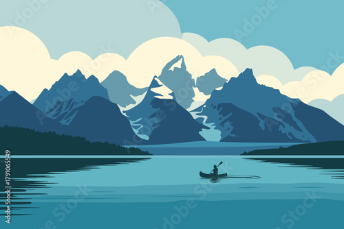 Serene Solo Kayaker Paddling in Tranquil Lake Surrounded by Majestic Blue Mountains Under Soft Cloudy Sky