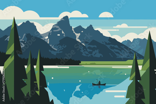 Serene Kayaker Gliding Across Crystal Clear Lake Surrounded by Majestic Mountains and Lush Pines