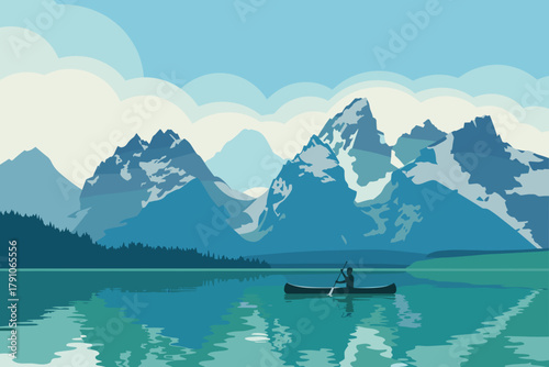 Serene Canoe Adventure on Tranquil Lake Surrounded by Majestic Snow-Capped Mountains in Soft Blue Tones