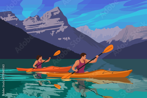 Carta da parati Dynamic Duo Kayaking on Crystal Clear Lake Surrounded by Majestic Mountains unde
