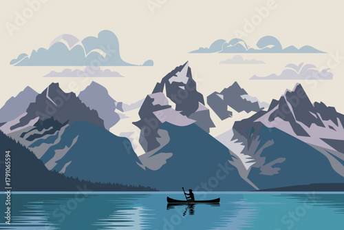 Tranquil Canoeing Adventure Amidst Majestic Mountains and Reflective Waters in Cool Tones