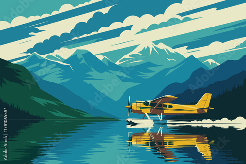 Vintage Style Seaplane Taking Off over Tranquil Lake Surrounded by Majestic Mountains in Cool Tones