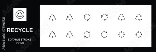 Recycle Icon Set, Premium Eco-Friendly & Waste Management Vector Icons: Comprehensive Recycle Symbol Set with Editable Stroke for Modern UI/UX and Sustainable Design Projects 