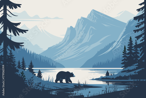 Majestic Bear by Tranquil Mountain Lake at Dawn in Calm Blue Tones
