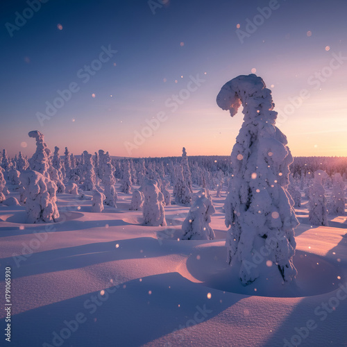A wide Arctic vista under violet-blue twilight shows fantastical, snow-coated trees casting long shadows across sculpted drifts. The quiet expanse evokes the vastness and purity of subarctic wildernes