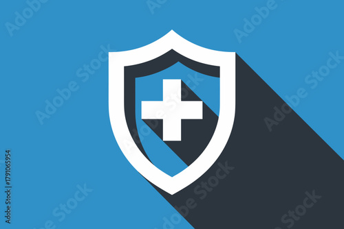 Modern Healthcare Shield Icon with Bold Blue Background and Shadow Effects for Medical Insurance Themes