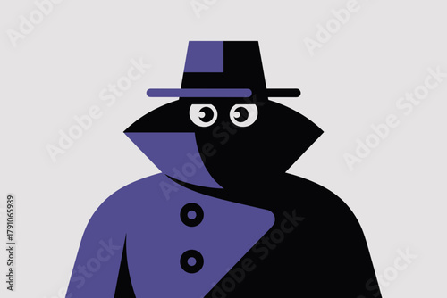 Playful Minimalist Illustration of a Mysterious Spy Character in Bold Black and Purple Tones