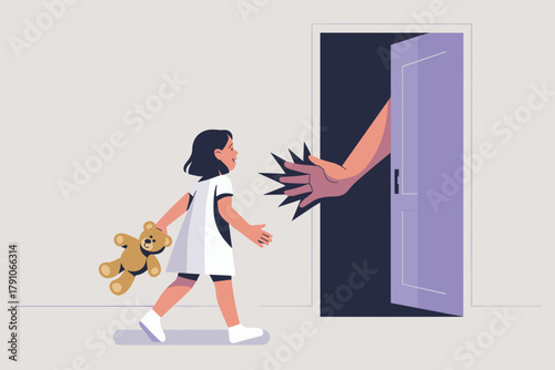 Curious Little Girl Approaching Mysterious Door with Teddy Bear in a Whimsical and Slightly Eerie Atmosphere