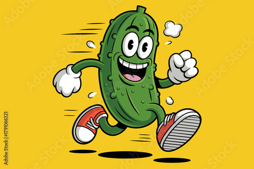 Cheerful Cartoon Pickle Running Joyfully on Bright Yellow Background