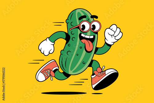 Energetic Cartoon Cucumber Character Running Playfully with Sneakers on Bright Yellow Background