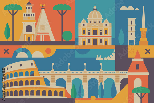 Colorful Illustrated Montage of Iconic Italian Landmarks in Retro Style