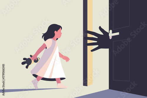 Curious Young Girl in a White Dress Approaching an Open Door with a Mysterious Shadow Hand in a Dim Light Setting