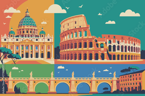 Stylized Illustration of Iconic Roman Landmarks with Bright Colors and Playful Elements