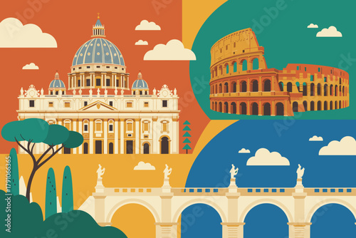 Colorful Illustrative Tour of Iconic Roman Landmarks Including the Colosseum and St. Peter's Basilica