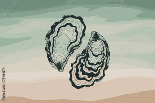 Elegant Artistic Illustration of Two Open Oysters on Soft Pastel Background for Culinary and Coastal Themes