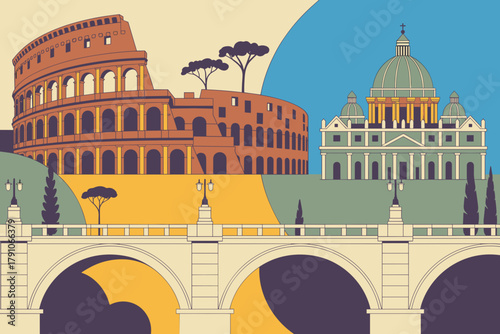 Stylized View of Rome Featuring the Iconic Colosseum and St. Peter's Basilica Against a Bright Retro-Inspired Background