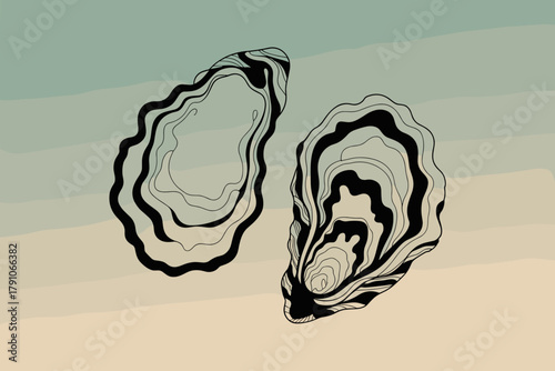 Stylized Black Line Art of Two Elegant Oysters on Soft Gradient Background for Culinary Design